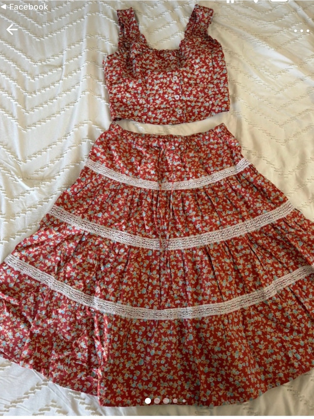 Kimchi Blue Red Floral Two-Piece Skirt Set with White Lace